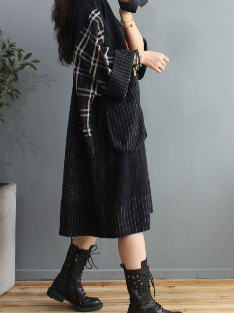 Hooded Long Sleeve Plaid Patchwork Patch Pocket Loose Midi Dress 8