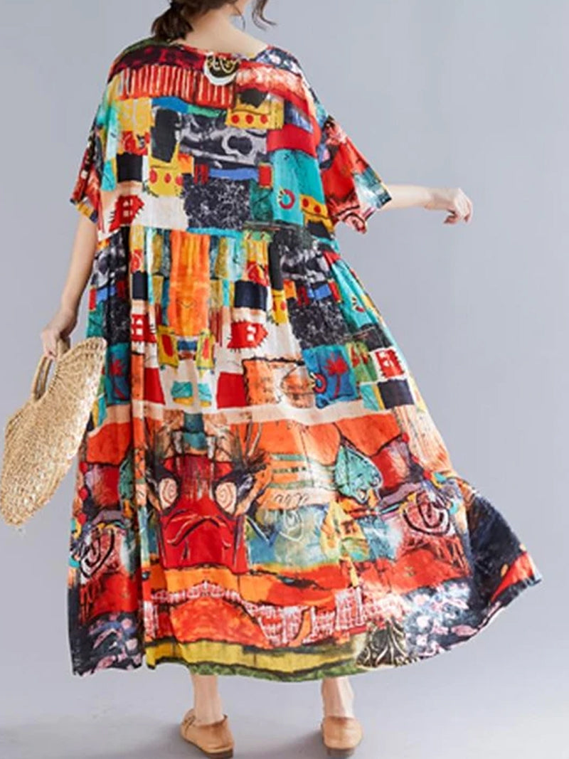 Multi Color Round Neck Short Sleeve Abstract Print Tiered Smock Maxi Dress 2