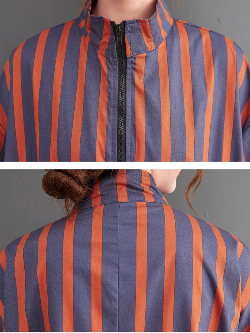 Stand Collar Striped Zip Front Shirred Long Sleeve A-Line Midi Dress