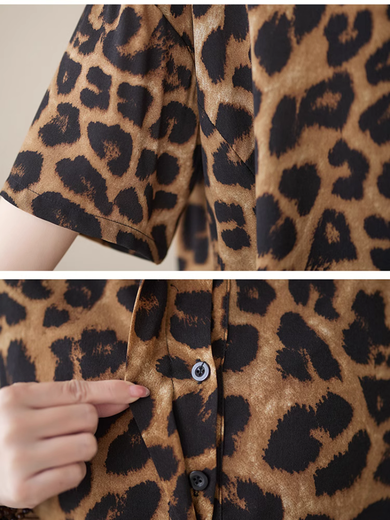 Collared Leopard Print Half Sleeve Loose Shirt Maxi Dress