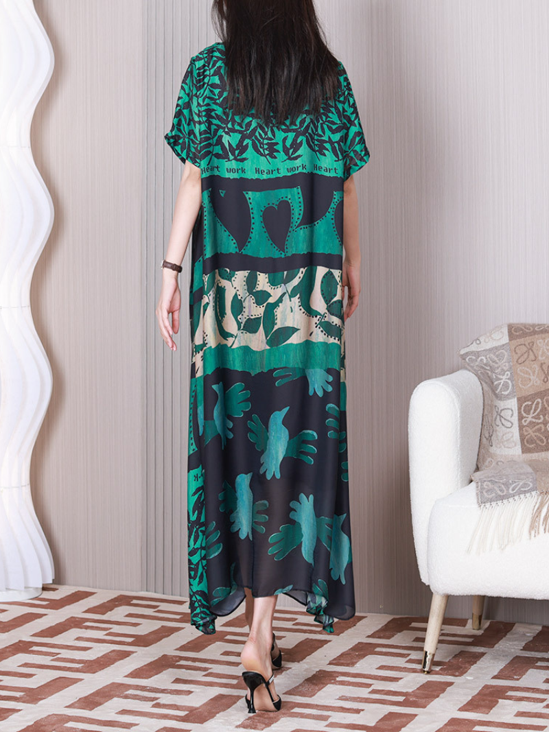 Round Neck Abstract Leaf Print Short Sleeve Loose Maxi Dress 6
