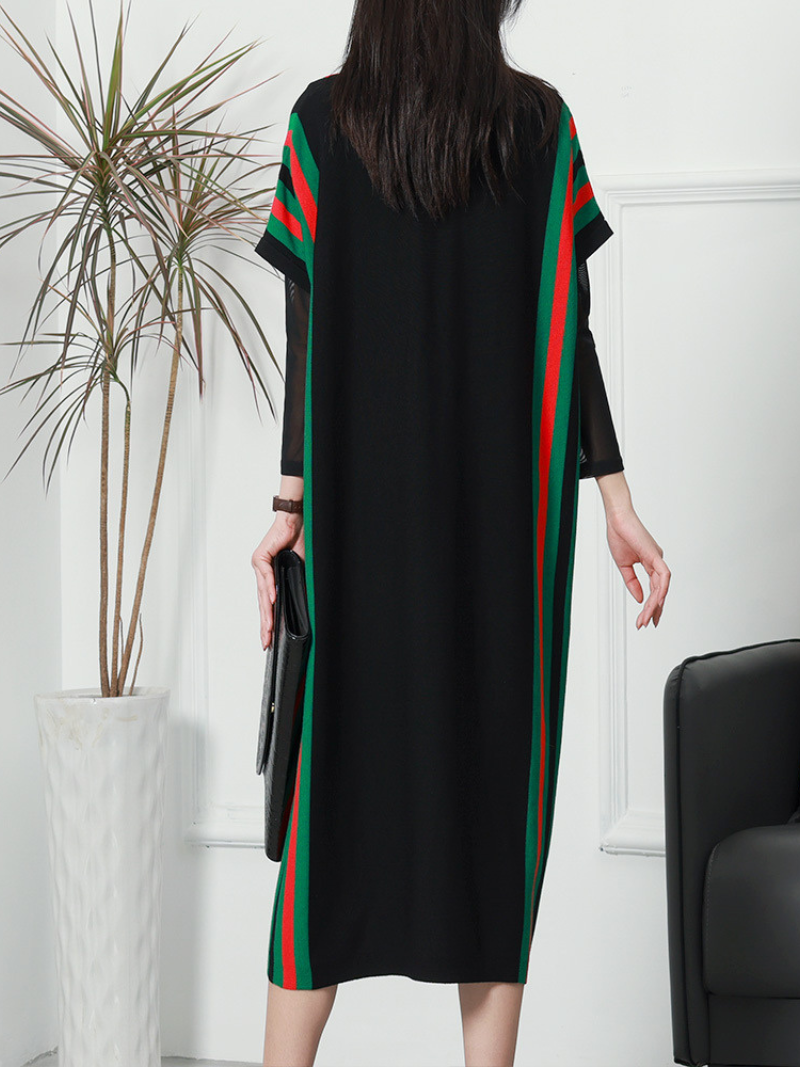 Black Striped Batwing Sleeve Loose Knit Midi Dress