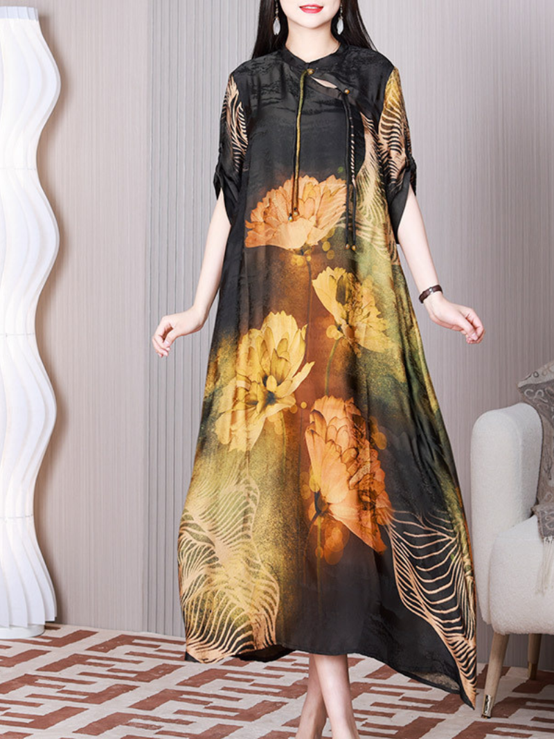 Yellow Stand Collar Floral Print Short Sleeve Loose A-Line Maxi Dress 4
