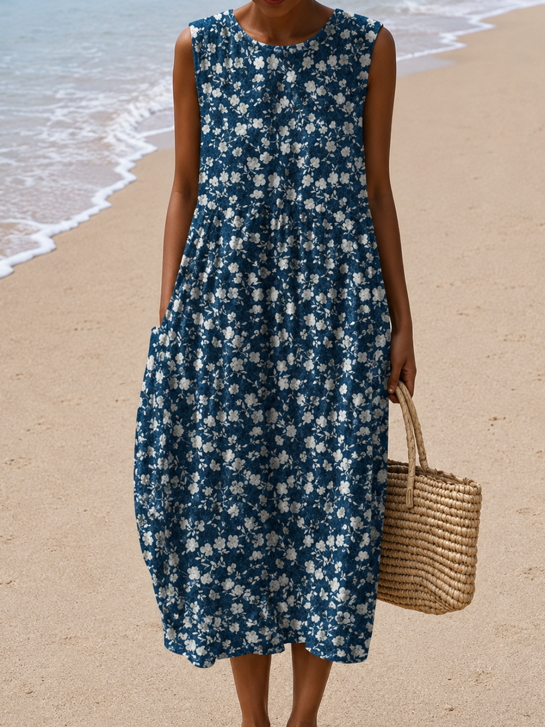 Round Neck Ditsy Floral Sleeveless Pocket Cocoon Midi Dress
