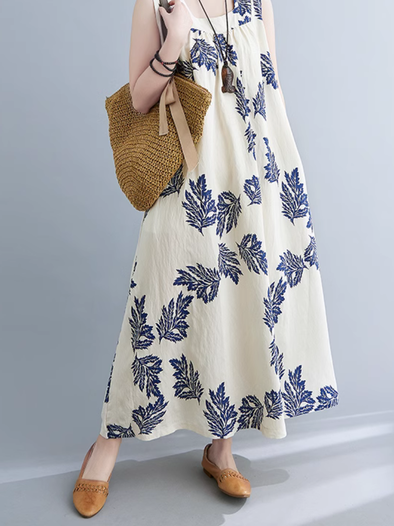 Square Neck Sleeveless Leaf Print Loose A-Line Maxi Dress 2