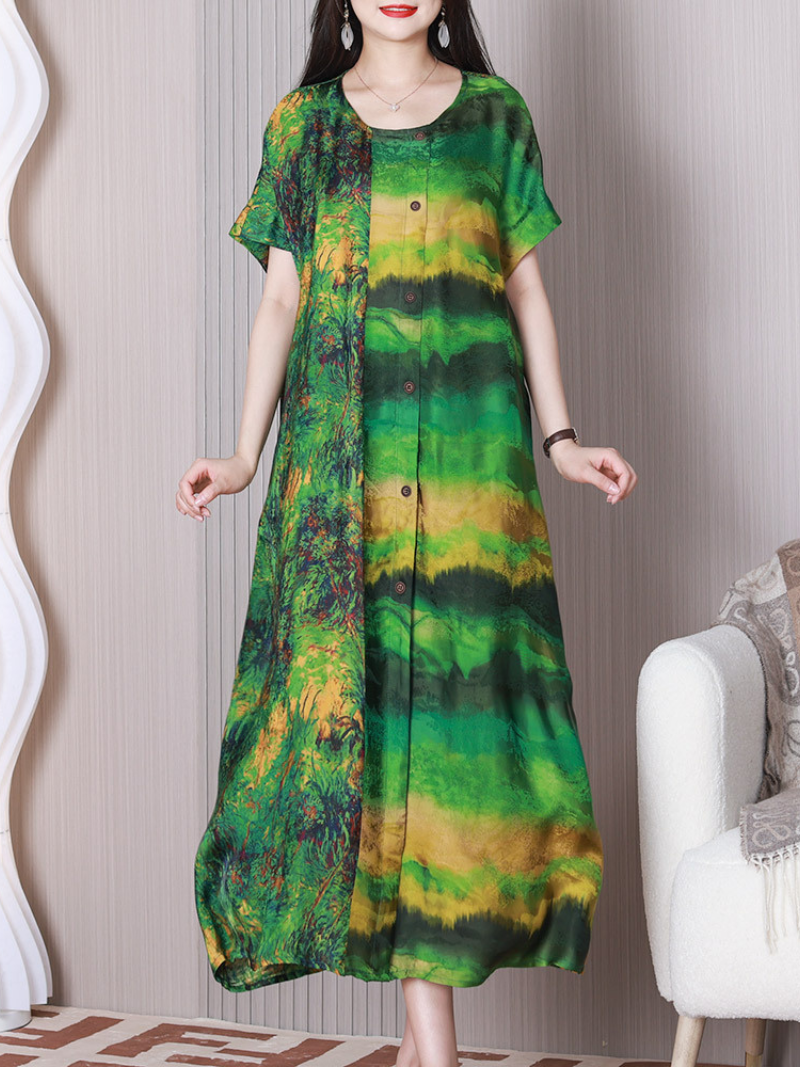 Green Round Neck Short Sleeve Watercolor Print Button Front Shirt Maxi Dress