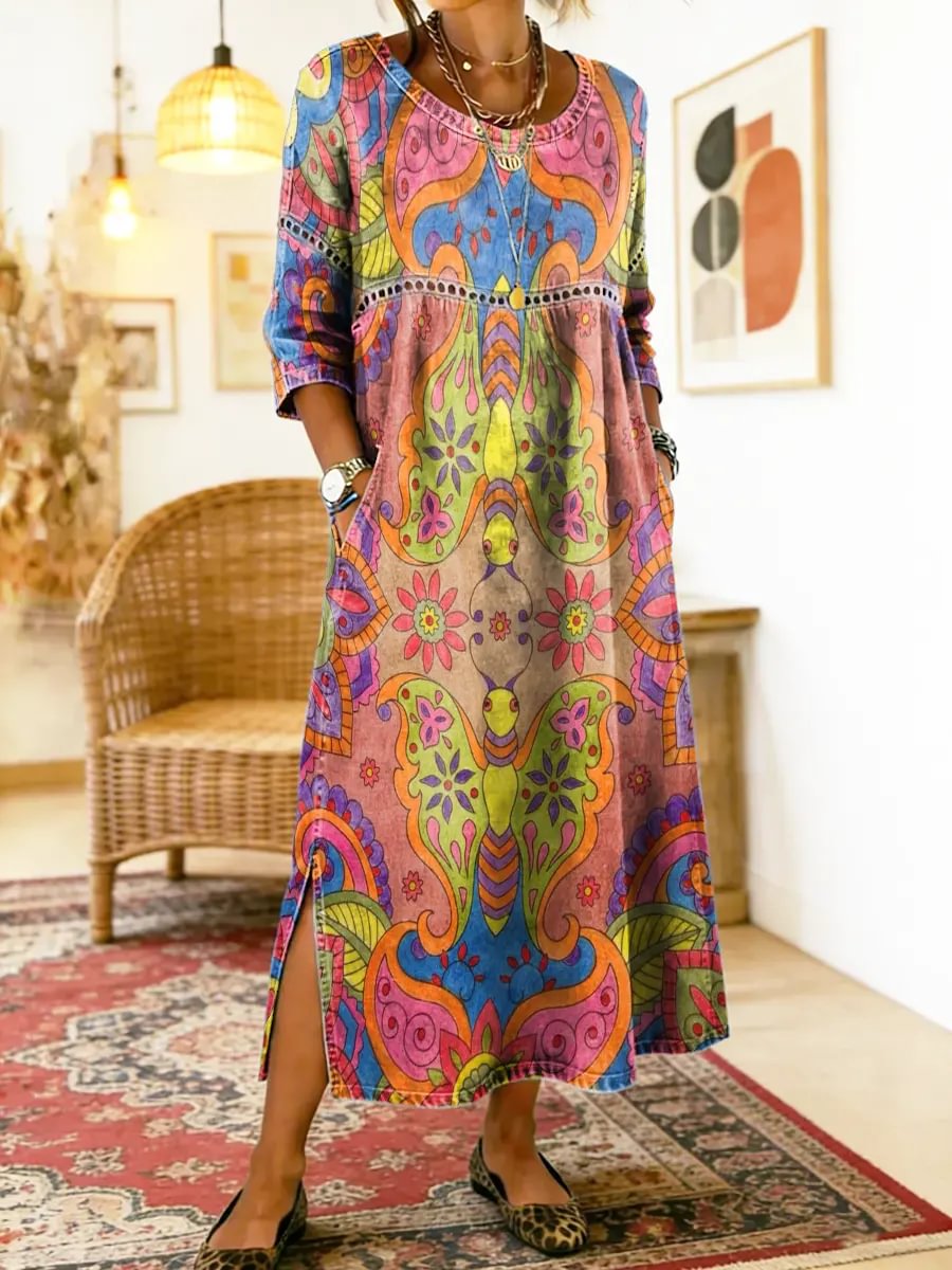 Floral Round Neck Ethnic Paisley Print Long Sleeve Pocket A-Line Maxi Dress