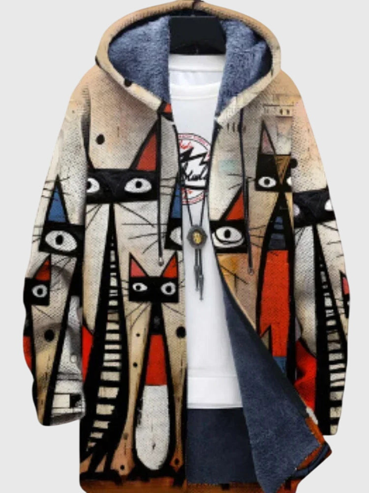 Hooded Abstract Cat Print Zip Front Fleece Jacket
