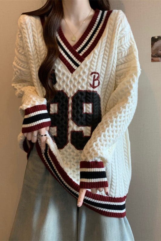 Contrast VNeck Plus Size Sweater