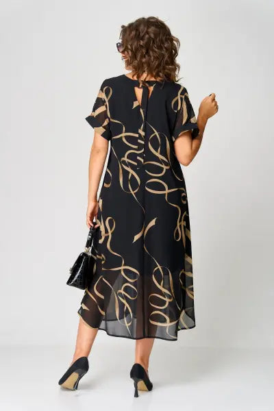 V-Neck Short Sleeve Abstract Print Chiffon A-Line Midi Dress
