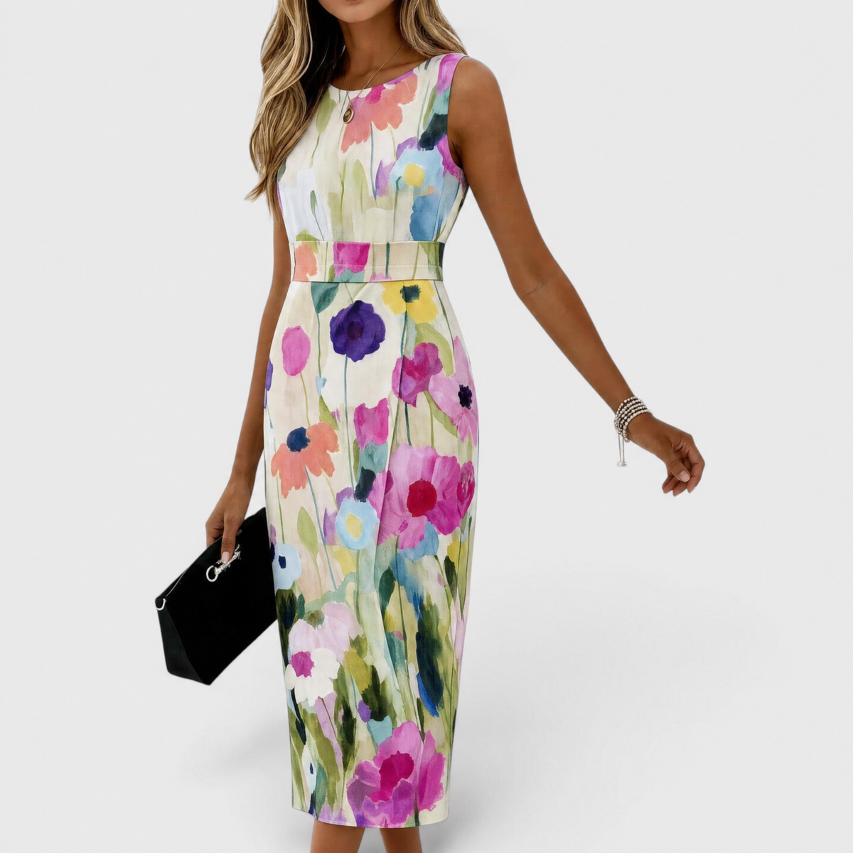 Watercolor Floral Boat Neck Watercolor Floral Sleeveless Belted Sheath Midi Dress 2