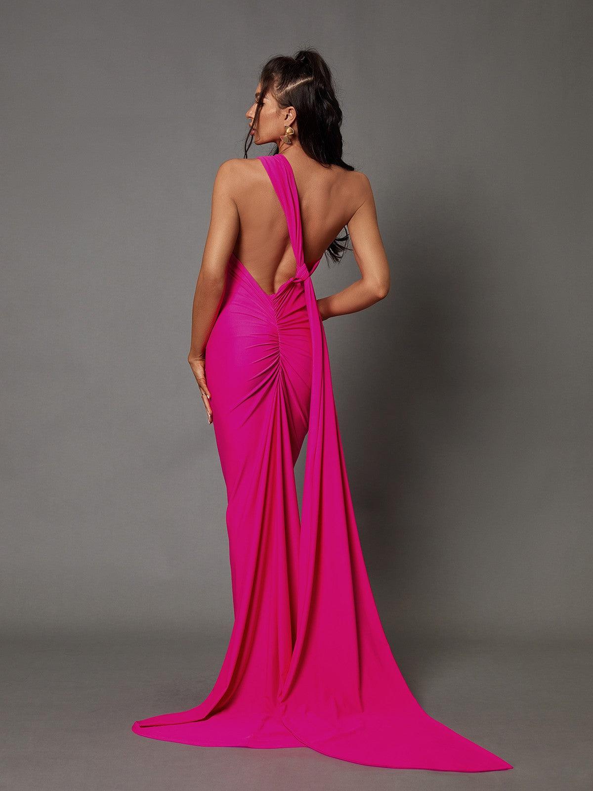 One Shoulder Backless Ruched Draped Sash Mermaid Maxi Gown
