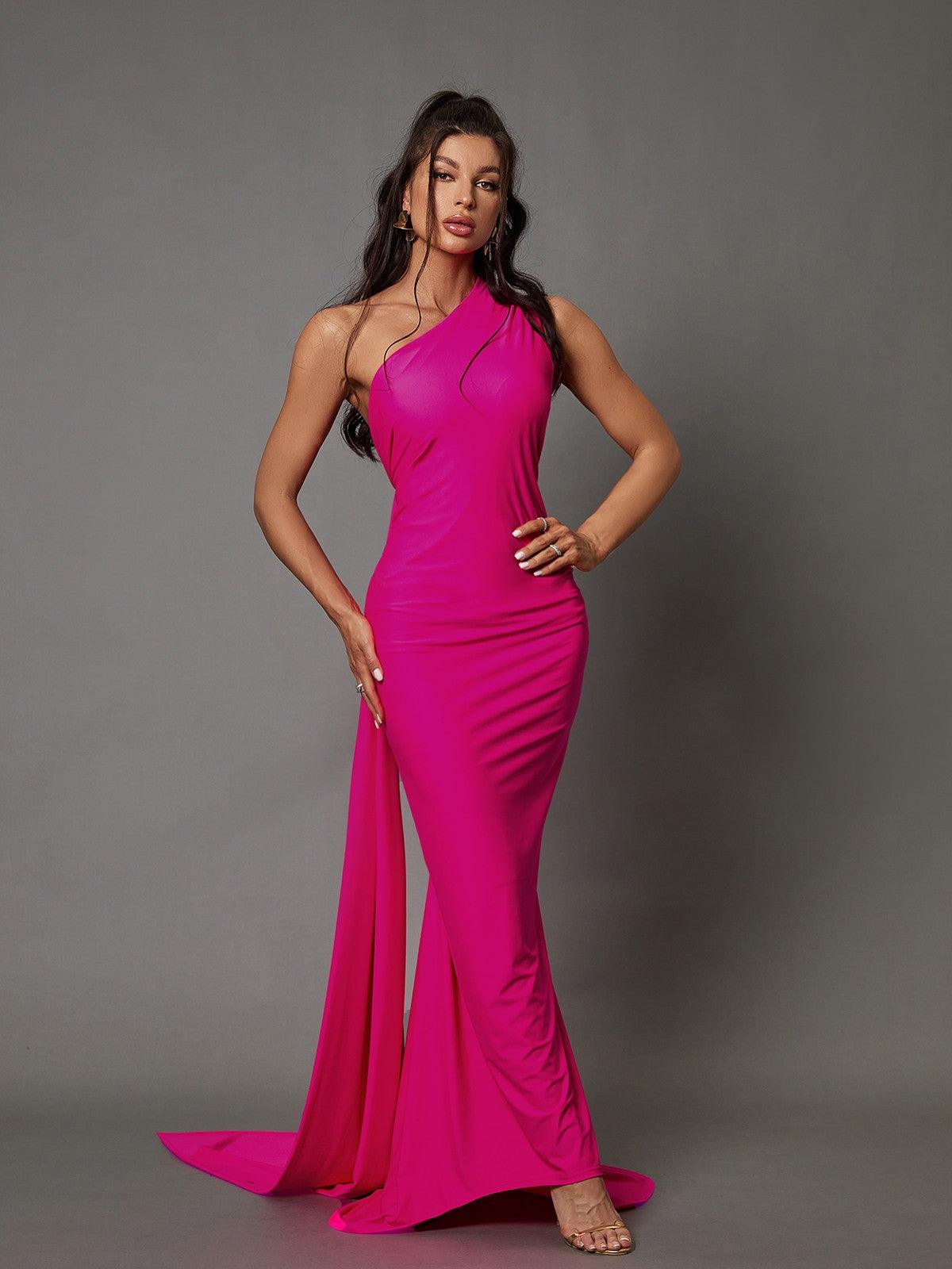 One Shoulder Backless Ruched Draped Sash Mermaid Maxi Gown 3