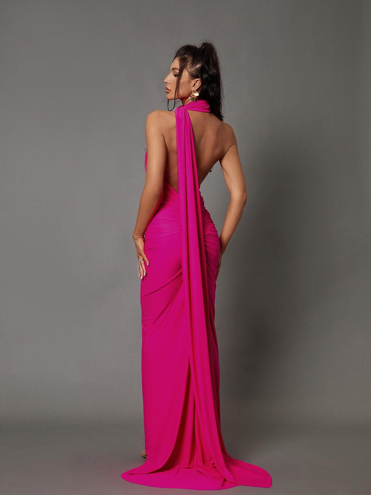 One Shoulder Backless Ruched Draped Sash Mermaid Maxi Gown 5