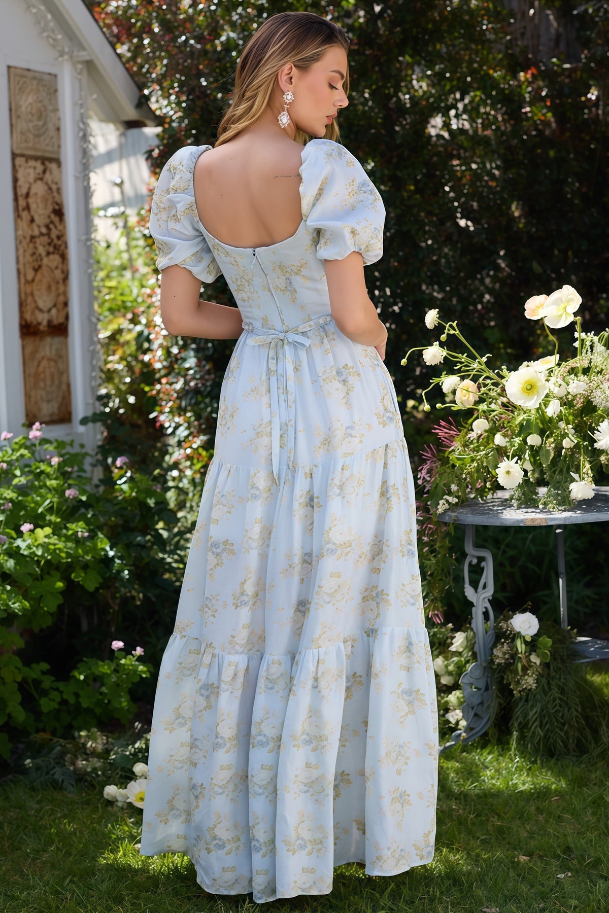 V-Neck Floral Rhinestone Waist Cutout Puff Sleeve Tiered Maxi Dress
