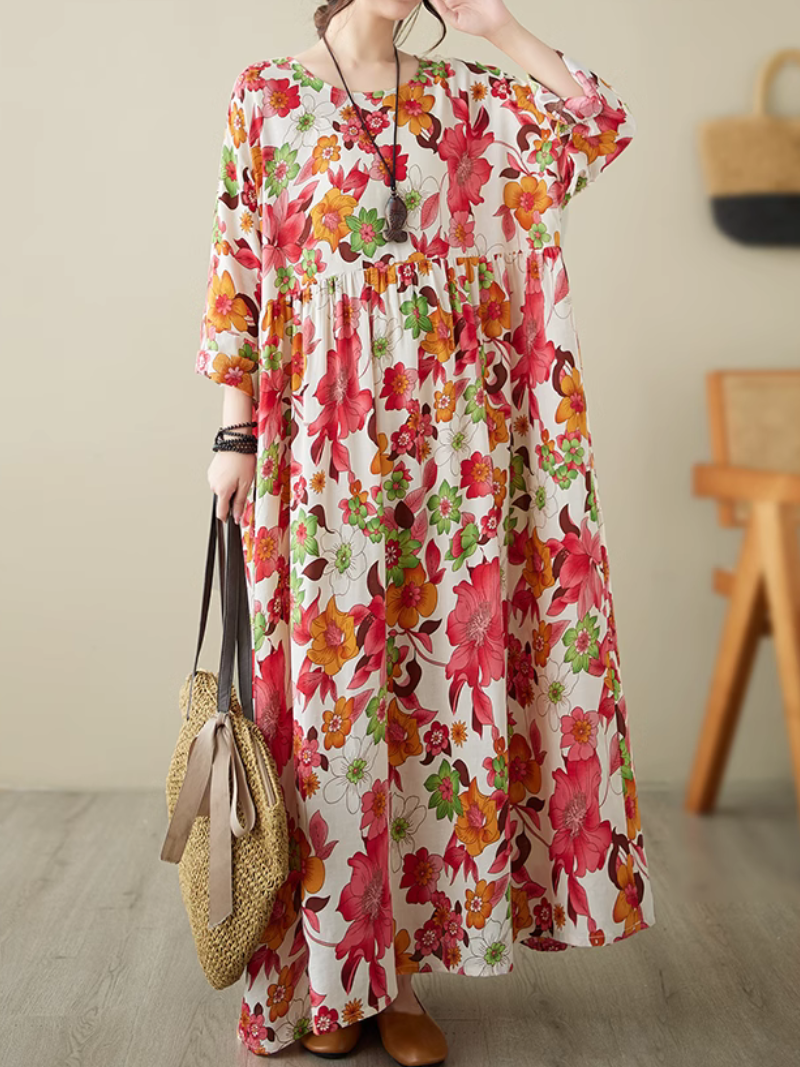 Round Neck Floral Print Long Sleeve Loose Smock Maxi Dress