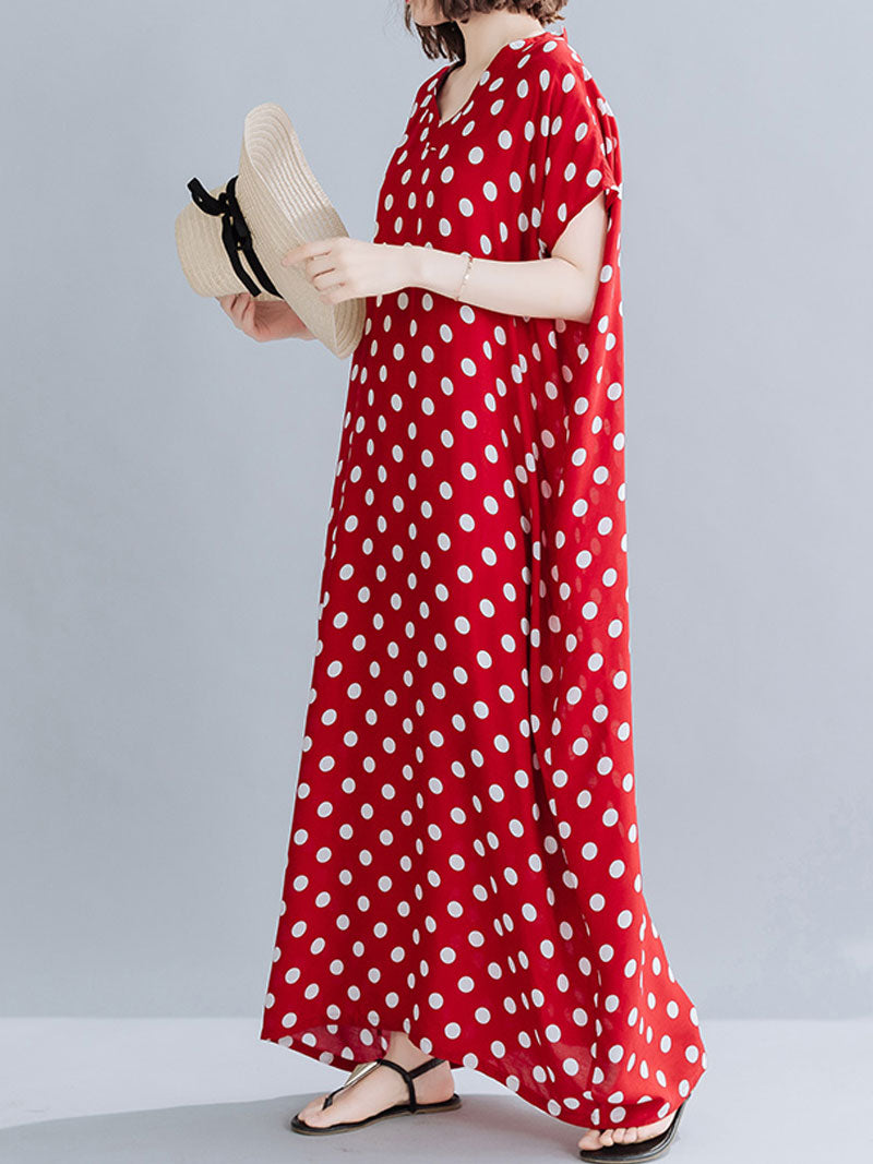 Red V-Neck Short Sleeve Polka Dot Loose Kaftan Maxi Dress 3