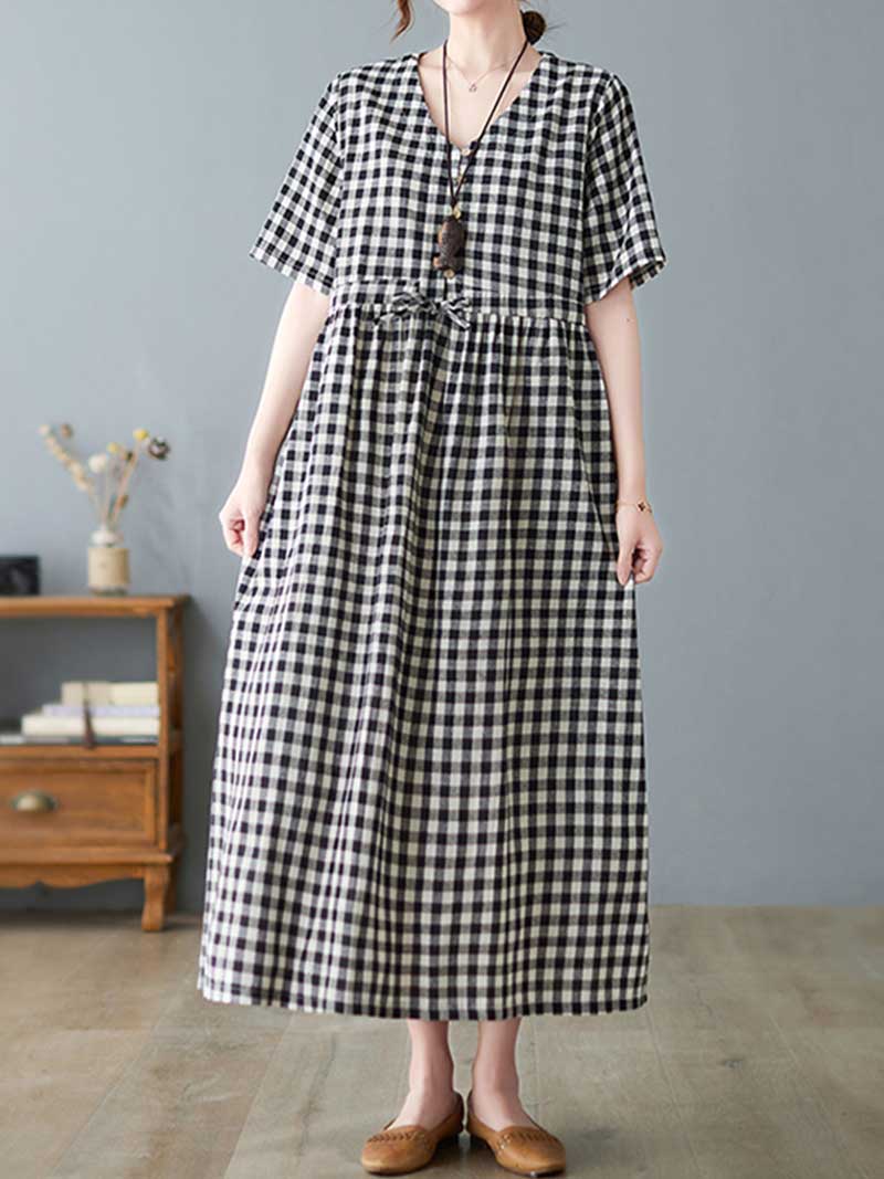 Black V-Neck Gingham Plaid Drawstring Waist Short Sleeve Cotton Midi Dress