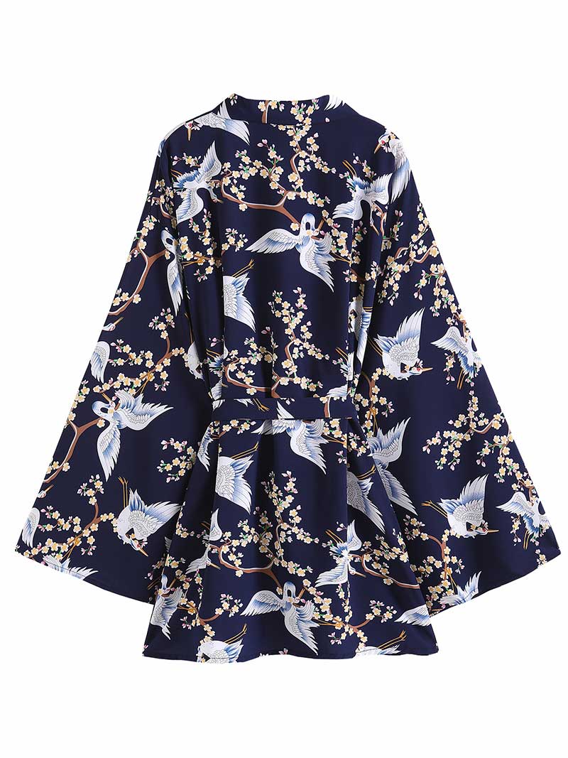 Dark Blue Crane Bird Blossom Print Belted Flared Sleeve Short Kimono Robe