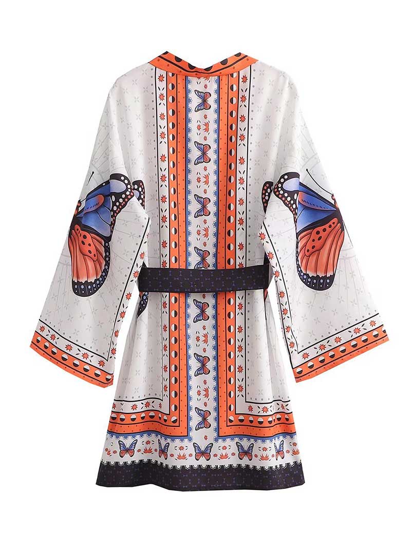 White Butterfly Print Belted Open-Front Short Kimono 2