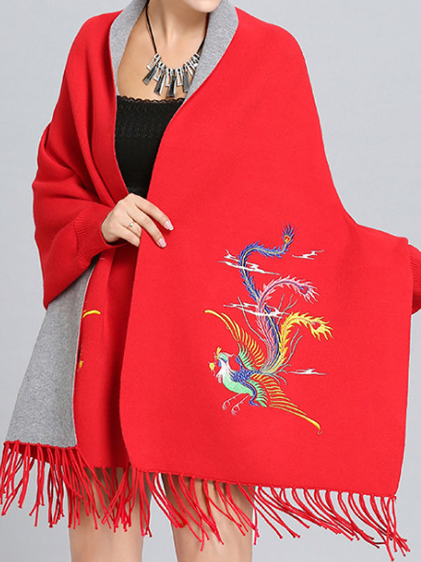 Open Front Phoenix Embroidery Fringe Hem Batwing Cape Cardigan 8
