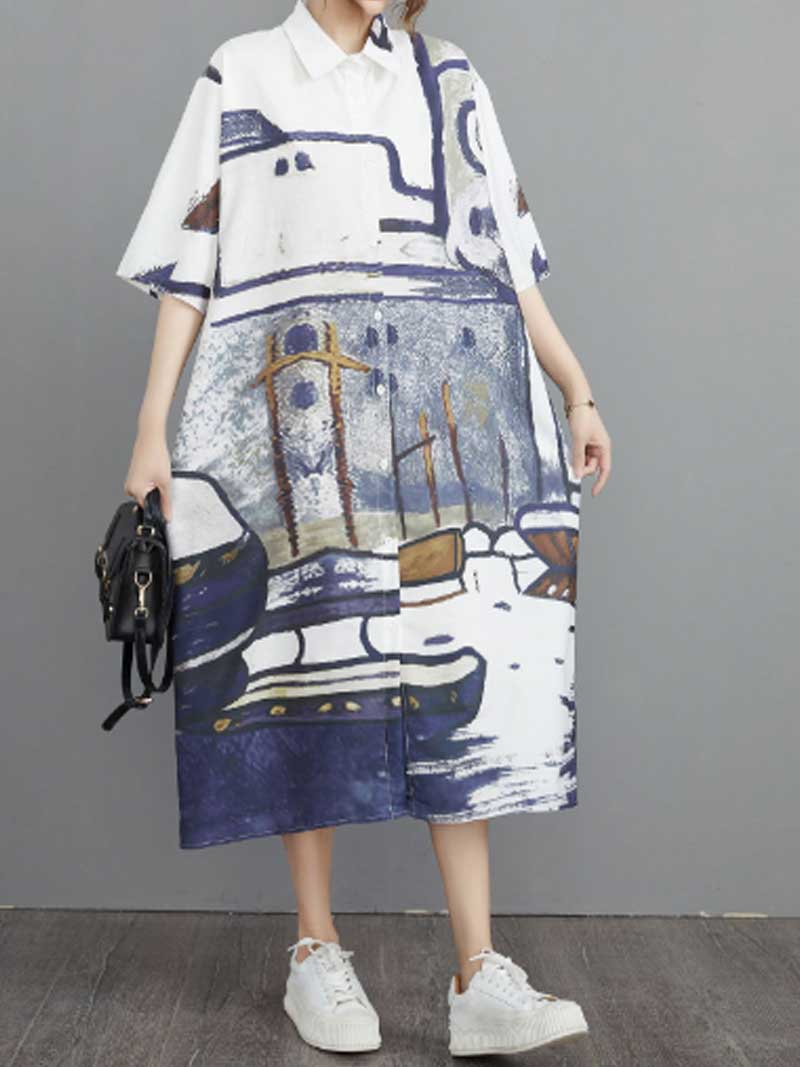 Collared Short Sleeve Abstract Art Print Midi Shirt Dress