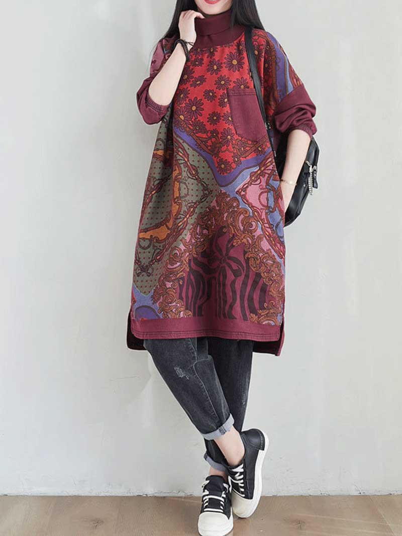 Round Neck Mixed Print Plaid Panel Long Sleeve Shift Midi Dress 9