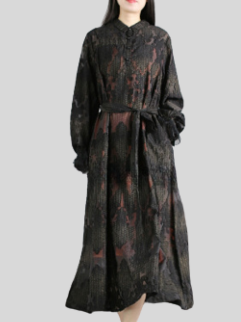Black Stand Collar Abstract Print Tie Waist Long Sleeve A-Line Maxi Dress