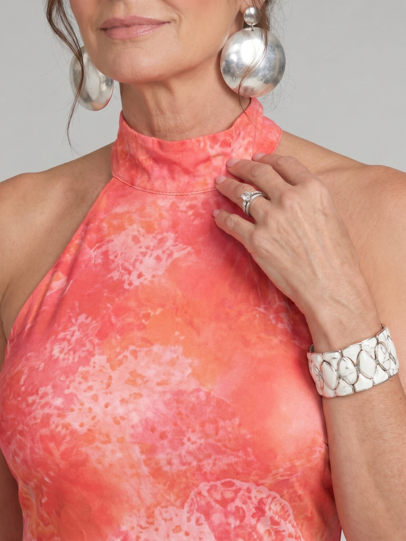 Orange Halter Neck Sleeveless Tie-Dye Print Backless Column Maxi Dress 3