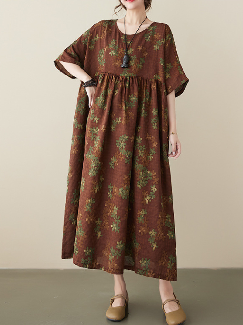 Coffee Round Neck Floral Cluster Smock Empire Waist Maxi Dress
