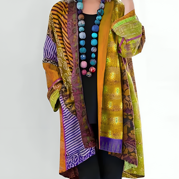 Open Front Patchwork Boho Print Long Sleeve Cardigan