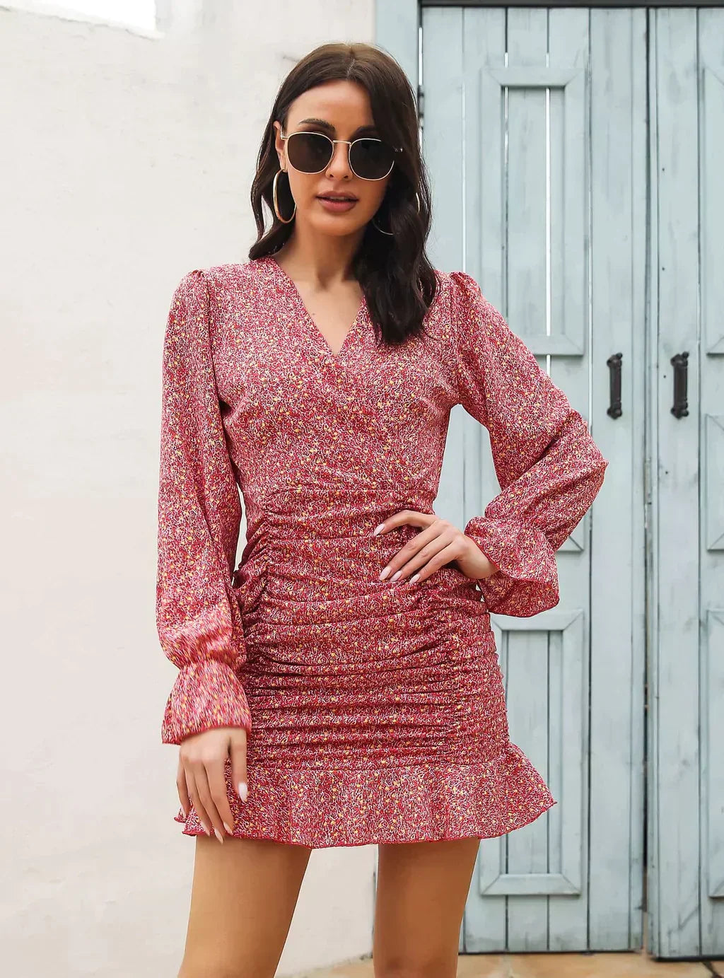 V-Neck Flounce Printed Chiffon Dress With Pleats S / Gray Dresses