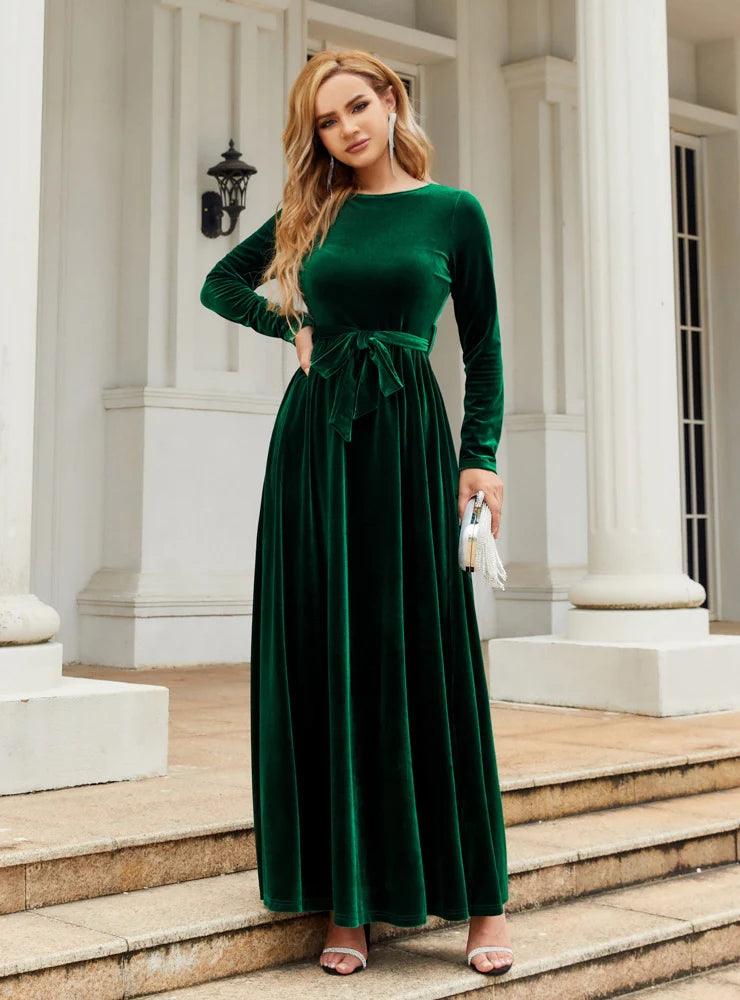 Velvet Long Sleeve Dress - Solid Color S / Dark Blue