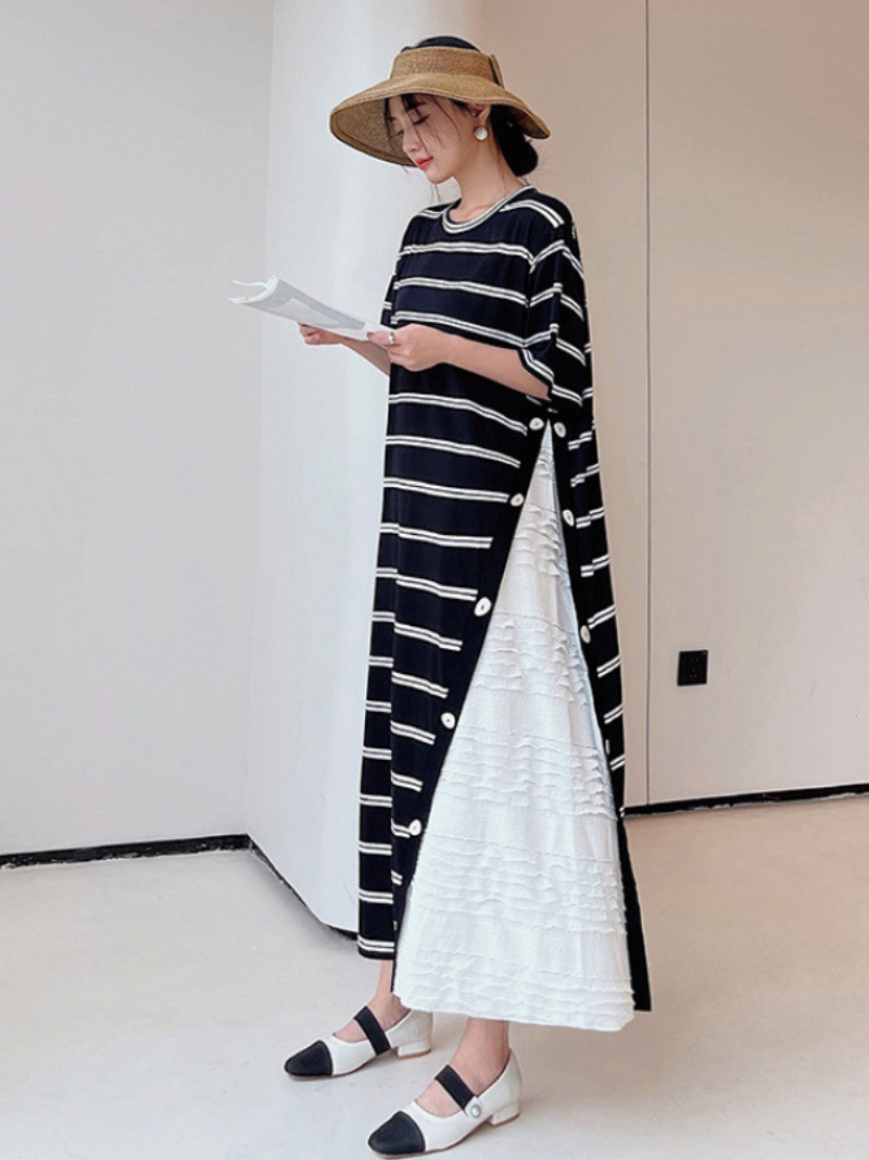 Black Round Neck Striped Short Sleeve Button Tiered Ruffle Maxi Dress 2