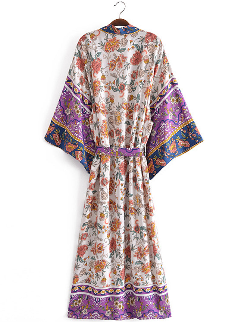 Purple Bohemian Floral Paisley Border Belted Flared Sleeve Long Kimono Robe