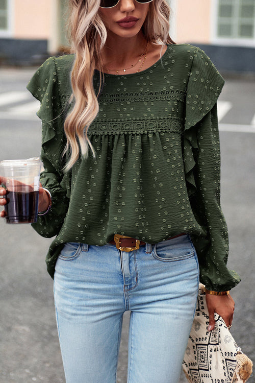 Miss You So Swiss Dot Lace Ruffled Long Sleeve Top - 5 Colors