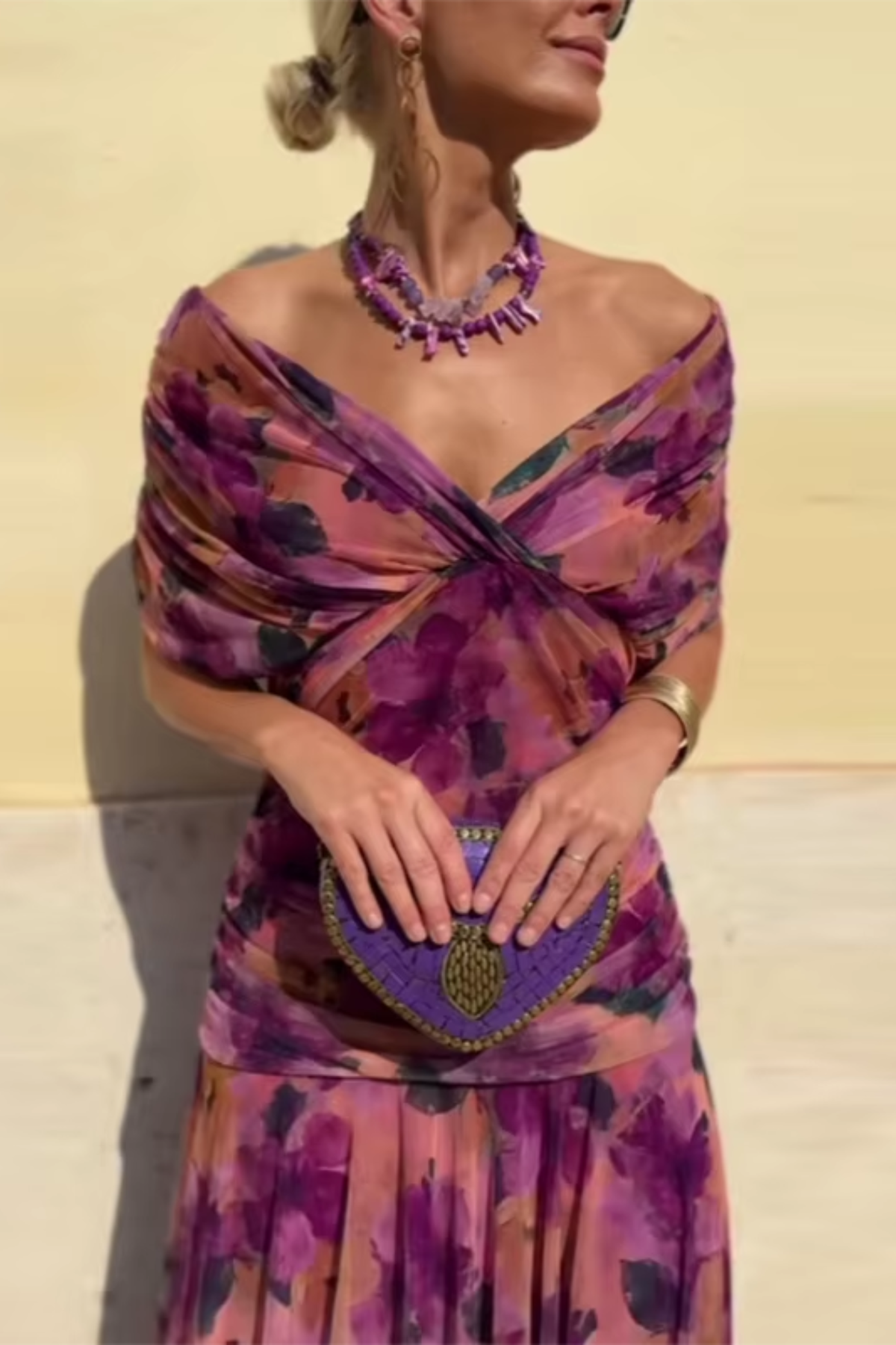 V-Neck Wrap Ruched Mesh Flutter Sleeve Flowing Maxi Dress