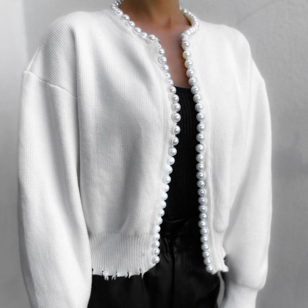 Round Neck Pearl Trim Long Sleeve Knit Cardigan