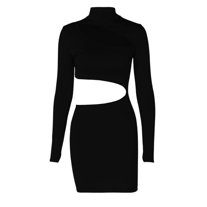 Long sleeve high neck hollow out irregular solid mini dress