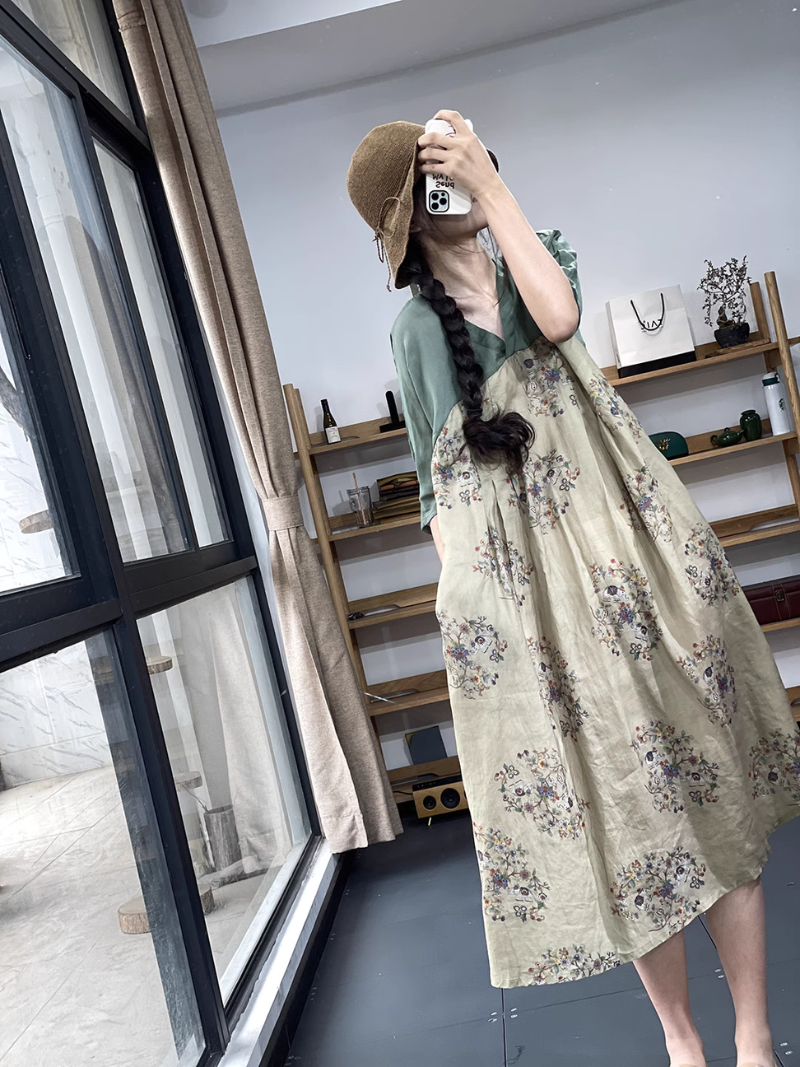 V-Neck Floral Print Sleeveless Loose A-Line Midi Dress 2