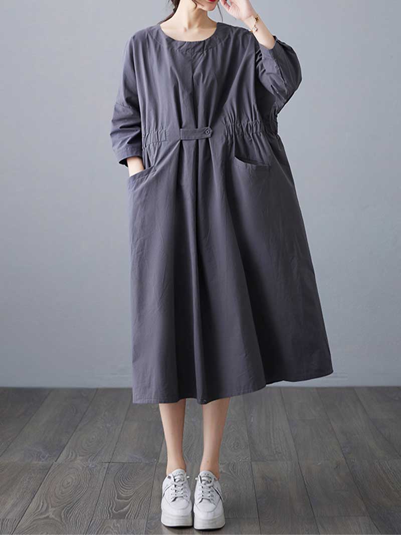 Round Neck Half Sleeve Cinched Waist Pocket Cotton Midi Dress