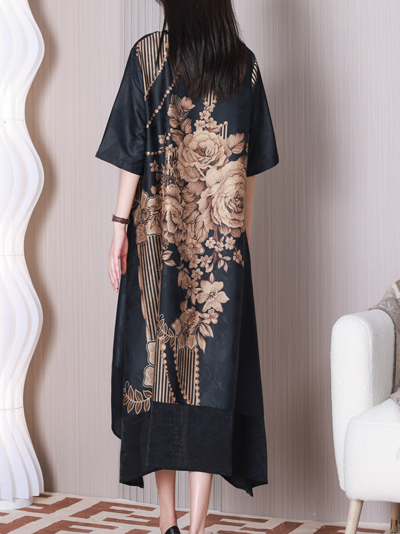 Round Neck Half Sleeve Floral Print Contrast Hem Midi Dress