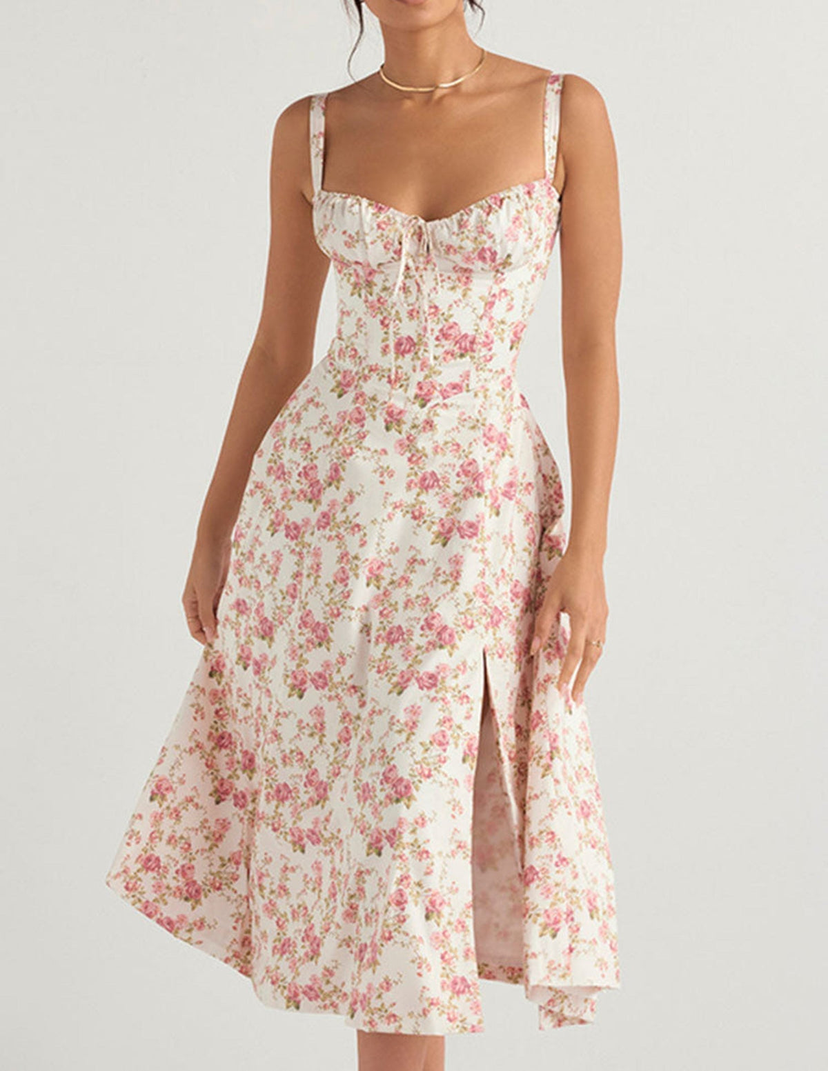 Sweetheart Neck Floral Print Corset Strap High Slit Midi Dress 4