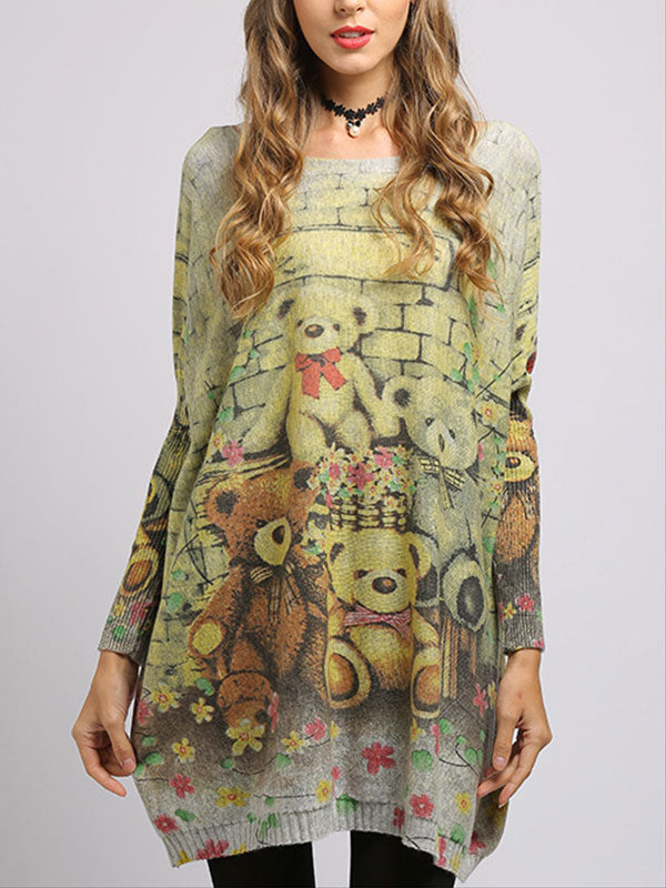 Boat Neck Long Sleeve Teddy Bear Print Knit Sweater 2