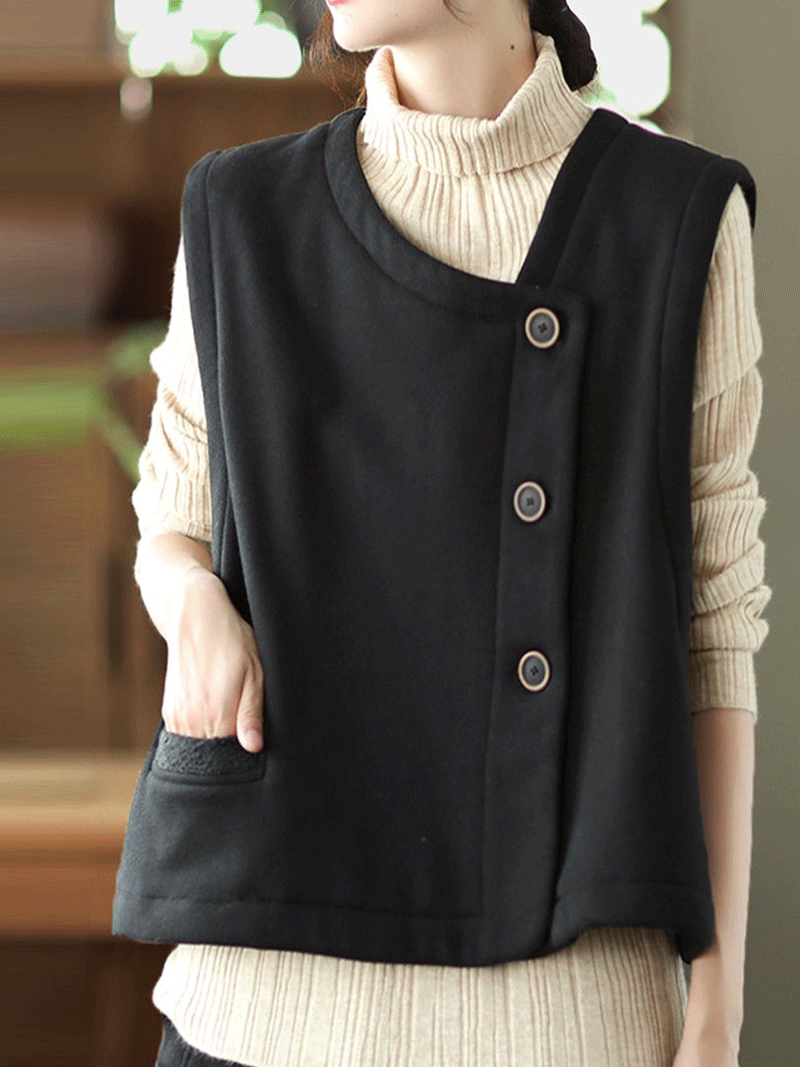 Round Neck Asymmetric Button Sleeveless Pocket Vest