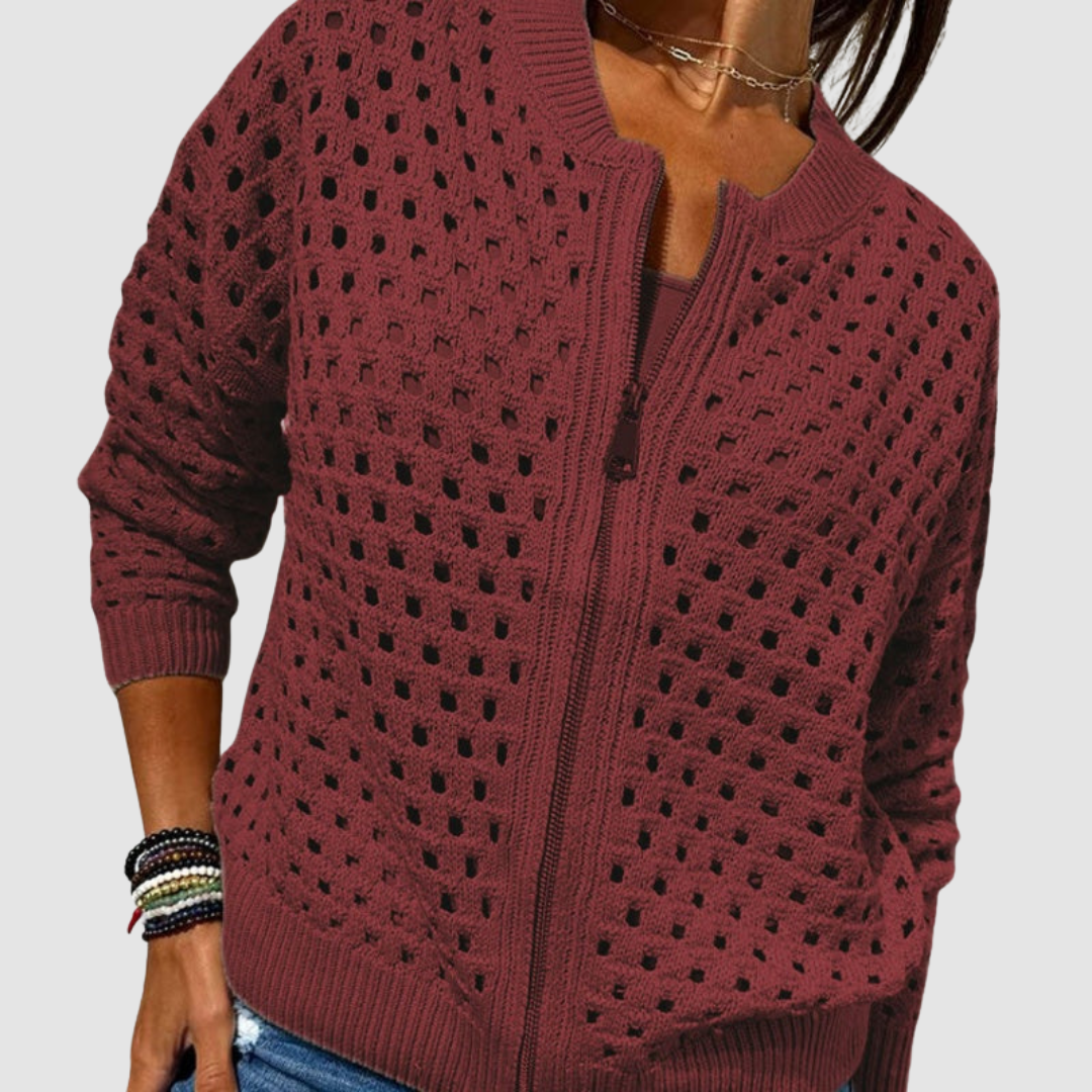 Crochet Hollow Out Zip Front Long Sleeve Cardigan 6