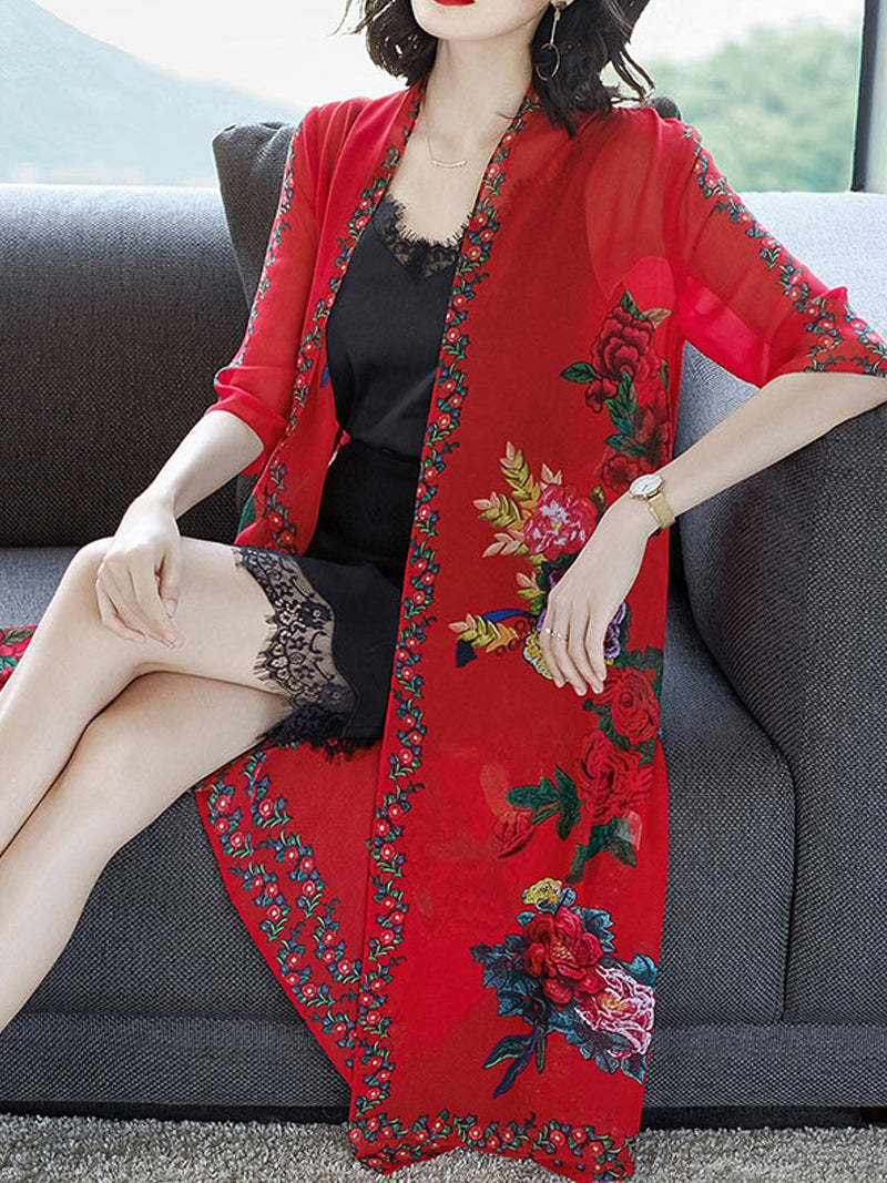 Open Front Floral Print Sheer Chiffon Long Kimono 2