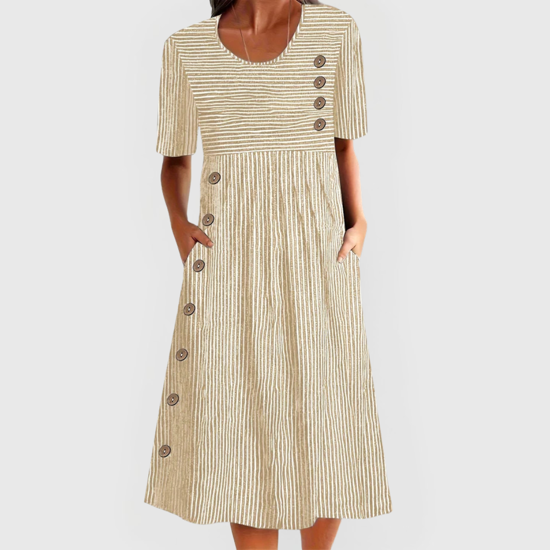 Round Neck Striped Button Detail Pocket A-Line Midi Dress 5