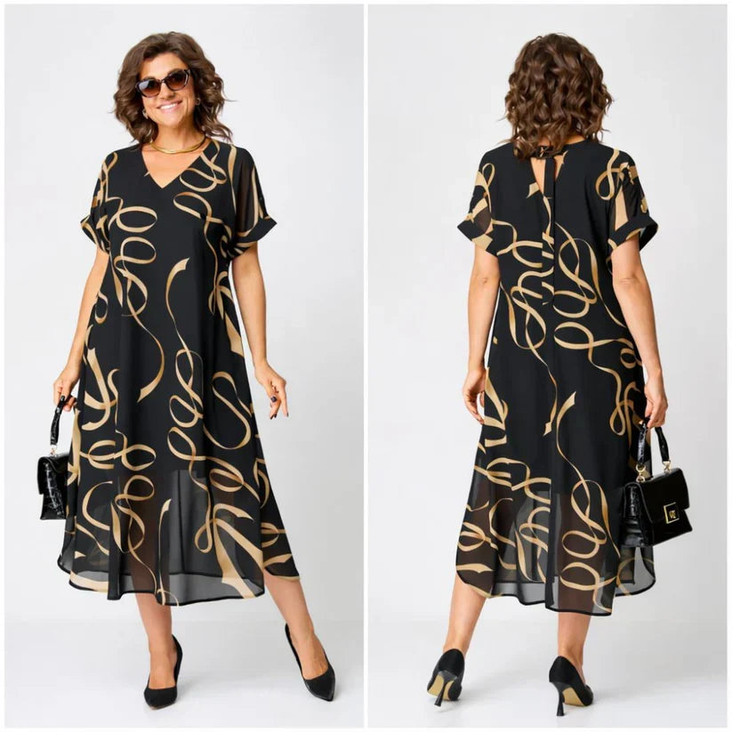 V-Neck Short Sleeve Abstract Swirl Print Chiffon A-Line Midi Dress