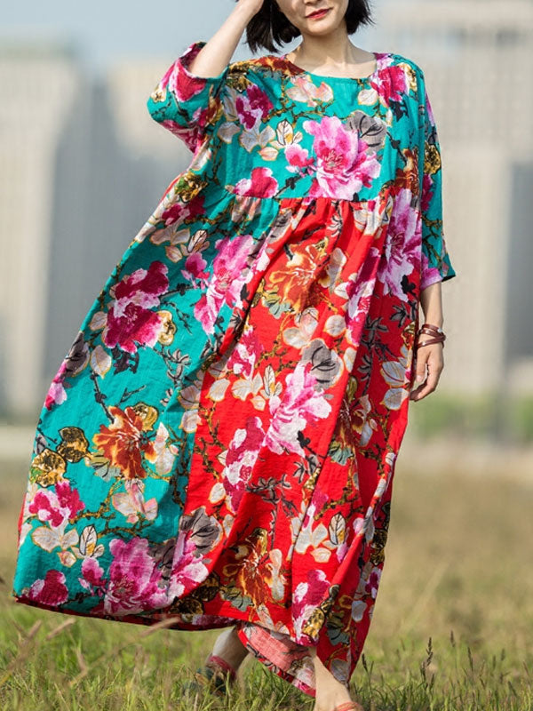 Round Neck Floral Print Half Sleeve Loose Maxi Dress